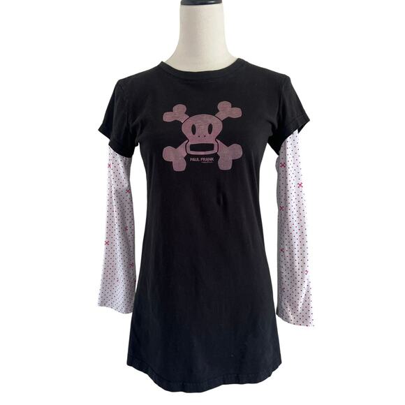 Paul Frank Twofer Tee Womens Sm Skull Julius Black White Long Sleeves Retro Y2K - Picture 1 of 11